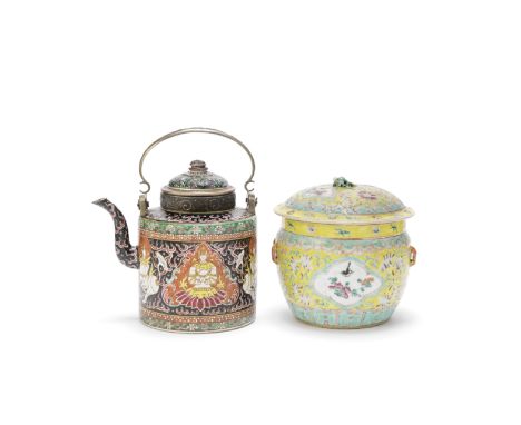 A bencharong 'thep phanom' ewer and cover and a yellow ground Peranakan bowl and cover19th centuryThe ewer of cylindrical for