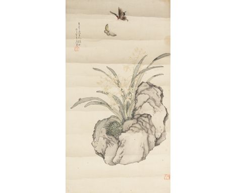 Ju Lian (Chinese, 1828–1904)Insects and flowersInk and pigment on paper, signed with two red seals, mounted as a hanging scro