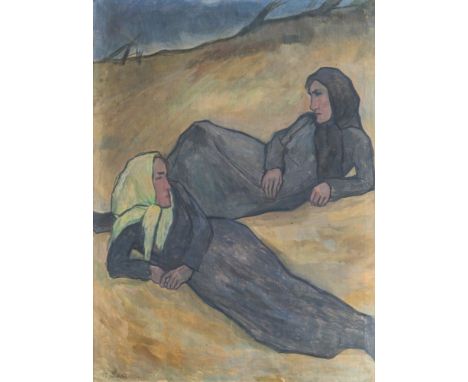 Käte Lassen (Flensburg 1880 - Flensburg 1956). Fischerfrauen am Strand. 1920er Jahre. Öl/Lw. 118,5 x 89 cm. L. u. sign. K. La