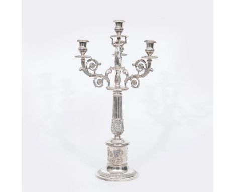 Bruckmann &amp; Söhne gegr. 1805 in Heilbronn. Vierarmige Girandole mit Karyatide. Um 1900. Silber, gest. 800, Halbmond und K