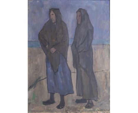 Käte Lassen (Flensburg 1880 - Flensburg 1956). Zwei Fischermädchen am Strand. 1920er Jahre. Öl/Lw. 78,5 x 58,5 cm. R. u. sign
