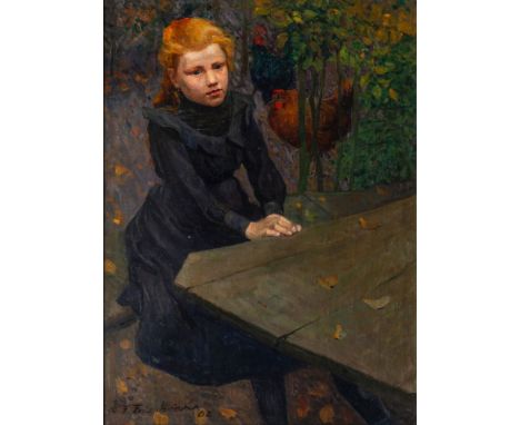 Fritz Friedrichs (Hamburg 1882 - Hoopte 1928). Mädchen am Gartentisch. 1902. Öl/Lw. 99 x 75 cm. L. u. sign. und dat. F. Fried