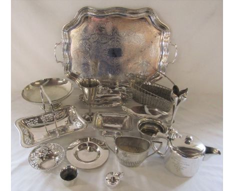 Selection of silver plate inc large tray, specimen vase, basket, teapot etc