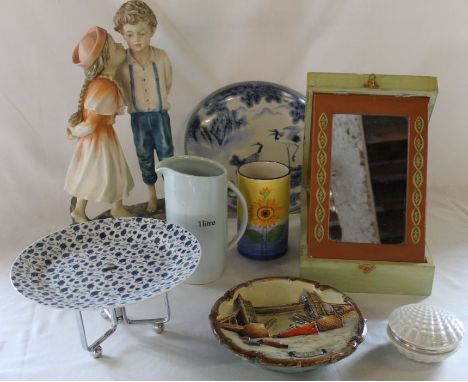 The Juliana Collection large resin figurine, folding mirror in decoupage case, Tetley cake stand, modern Oriental plate, plas