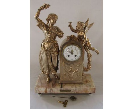 F Marti Paris - French figural chiming mantel clock on a marble base 'Convoitise' H 52 cm L 36.5 cm (repainted)