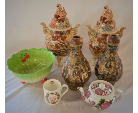 2 pairs of Japanese Satsuma vases (one repaired), Beswick cabbage leaf bowl, teapot &amp; mug