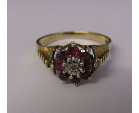 9ct gold ruby and diamond cluster ring size T, total weight 4.02 g