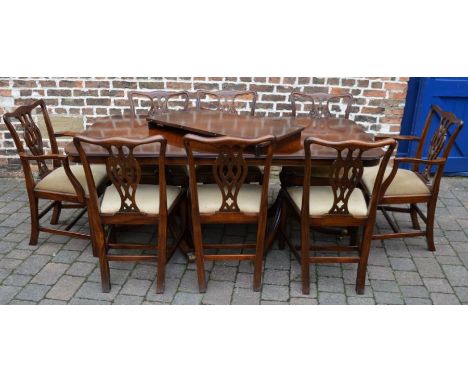 Regency style twin pedestal dining table on sabre legs with removable leaf (extending to 230cm by 92cm) &amp; 8 reproduction 