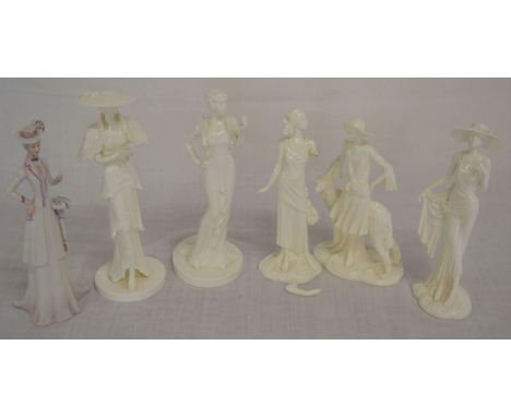 3 Royal Worcester Vogue Collection figures (one with arm broken off), 2 Coalport John Bromley figures &amp; another figure (d