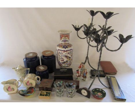 Selection of ceramics, pair of metal candelabras, cribbage board, men's part toiletry set, dominoes etc