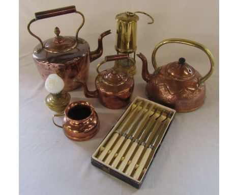 Various brass and copper inc kettles and a miners lamp together with a set of silver plated knives
