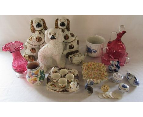 Assorted ceramics inc Spode, Poole vase 112, Delft, cranberry glass, Staffordshire dogs (1 af), mother of pearl gaming tokens