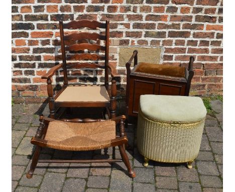 Ladder back chair, piano stool , stool and a Lloyd Loom basket