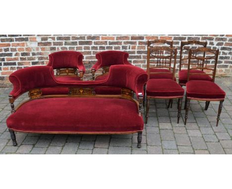 Victorian inlaid rosewood salon suite comprising a double ended sofa, 2 tub chairs &amp; 4 side chairs