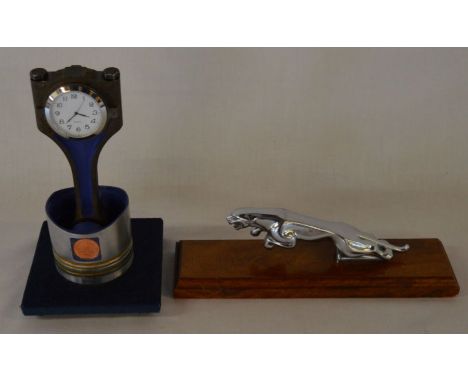 Mounted Jaguar car mascot &amp; a clock made from an engine piston&nbsp;&nbsp;