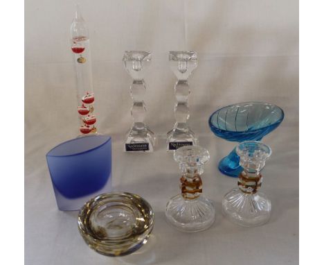 Pair of Nachtmann crystal candlesticks, Galileo thermometer, La Rochere dish, art glass bowl, Krosino vase etc.