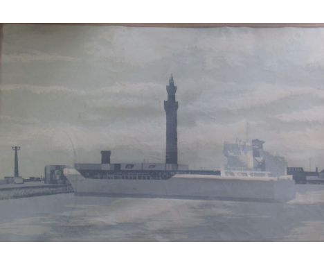 Lincolnshire interest - large block print painting of a boat with Grimsby dock tower in the foreground 103 cm x 78 cm (size i