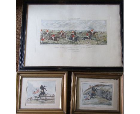 3 equestrian / hunting prints / hand coloured engravings - 'Doing it furiously' and 'The down leap done' 42 cm x 34 cm &amp; 