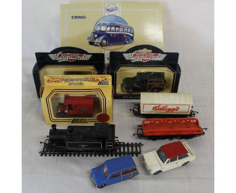 Selection of model cars including boxed Corgi Classics Granville Tours bus 97108, Hornby loco &amp; Dinky Morris Mini Travell