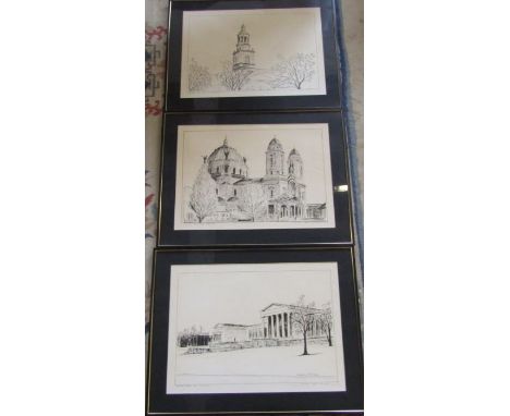 3 framed limited first edition prints by Lawrence McIntyre 'Hayes Hall University of Buffalo' 151/500, 'Our Lady of Victory B