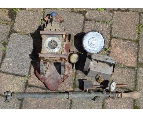 Vintage brass garden syringe spray , Smiths speedometer (possibly for a Jaguar), Dutch barge clock, miners lamp etc&nbsp;