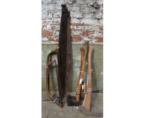 3 axes, axe handles, sickles &amp; saws