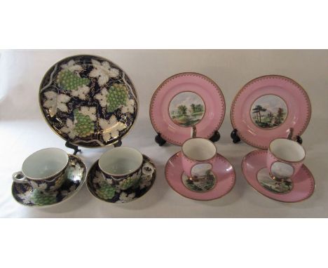 2 19th century hand painted tea cup (repair to one handle), saucer and plates, pink ground, with impressed bell and JB initia