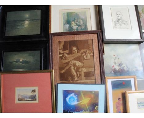 Selection of framed prints, "Portrait of Trabue" after Van Gogh, small watercolour depicting mountainous landscape &amp; limi