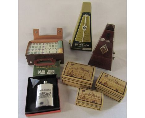 Boxed metronome, Mahjong set, graduated bamboo boxes and a pewter hip flask 'The field'