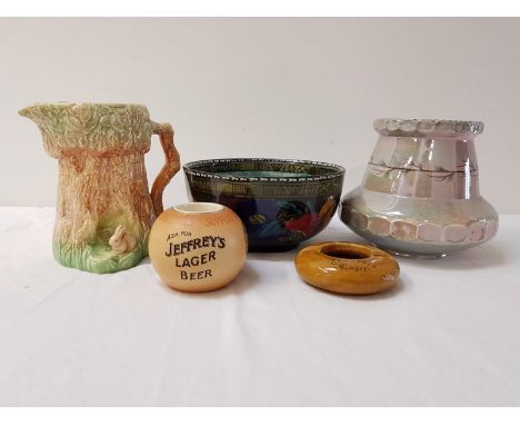 MIXED LOT OF CERAMICS
including a Sylvac Ware vase modelled as a tree trunk house, Burleigh Ware Burslem lustre squat vase, R