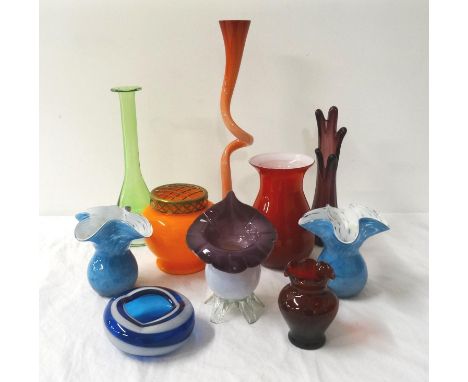 SELECTION OF COLOURFUL GLASSWARE
including a twist design vase, a pair of mottled blue vases with frilly rims and indistinct 