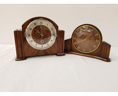 WESTMINSTER CHIME WALNUT MANTLE CLOCK
with a circular silvered dial and Arabic numerals, with winding key and pendulum; toget