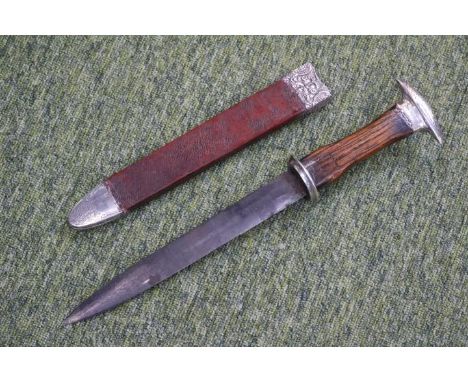 Silver mounted Oak handled dagger in Leather Scabbard 38cm in Length 