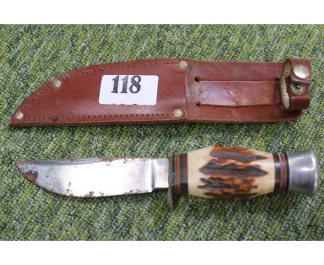 Vintage Sheffield Antler handled knife in scabbard 