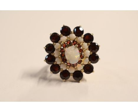 Large Ladies 9ct Gold Almandine Garnet &amp; Opal Cluster dress ring 7g total weight. Size N 