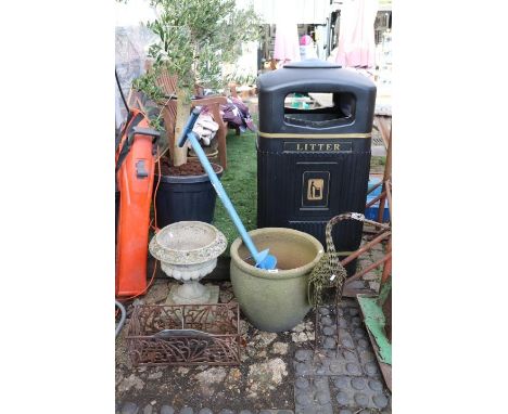 Concrete garden Planter, Hand Auger and assorted Garden items
