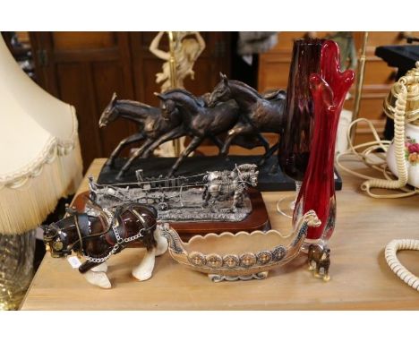 Pewter Ploughman figure, Equine figural group, Wade Viking boat etc.