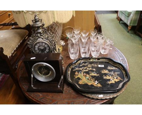 Ornate White metal mantel clock, Bulova World Time clock, Worcester Ware tray and a Persian Salver
