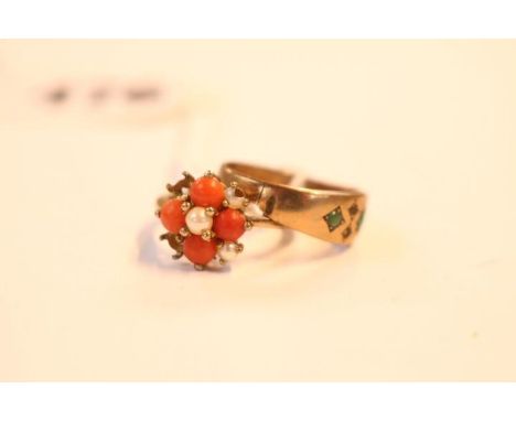 Ladies 9ct Gold Coral and Pearl set ring and a 9ct Gold Turquoise set ring Size M. 4.9g total weight 