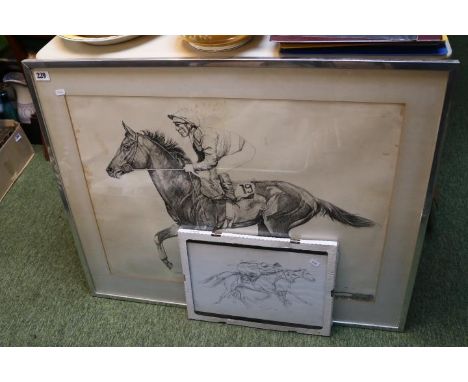 Framed print of Lester Piggott by N J Dyal and a Framed Pencil sketch of Horse Racing signed and dated 