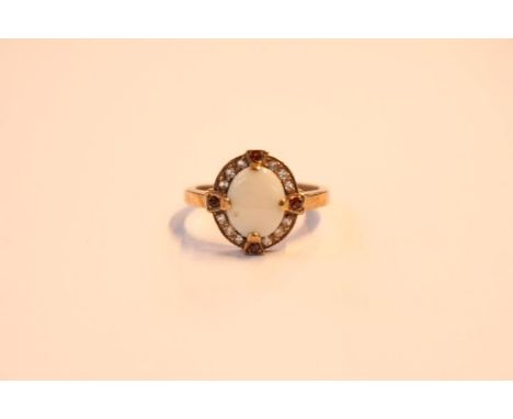 Ladies 9ct Gold Oval Opal, Ruby &amp; Diamond ring Size P. 4.4g total weight