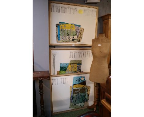 3 Framed Contemporary print depicting Autumnal trees and collage signed Takao 