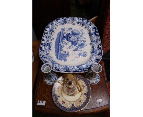 Silver topped Atomiser, Royal Worcester Dorchester hotel plate, Pair of Blue and White Candlesticks and a Large Transfer Dave