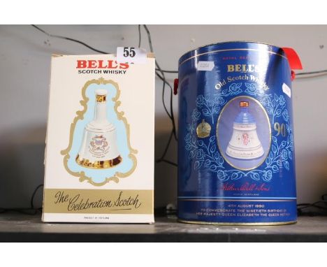 Boxed Bells Scotch Whisky Bell and another Queens Mother 90th Bells Whisky Bell 