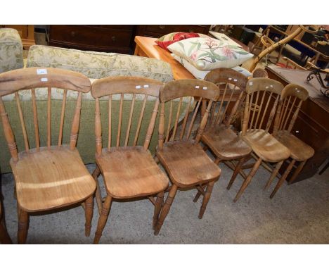 SET OF SIX VICTORIAN ELM SEATED STICK BACK KITCHEN CHAIRS