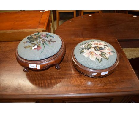 TWO SMALL VICTORIAN FOOT STOOLS, ONE WITH BEADWORK TOP, THE OTHER WITH FLORAL TAPESTRY TOP