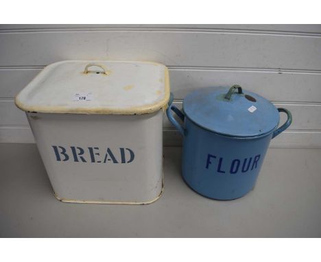 ENAMEL FLOUR BIN AND AN ENAMEL BREAD BIN