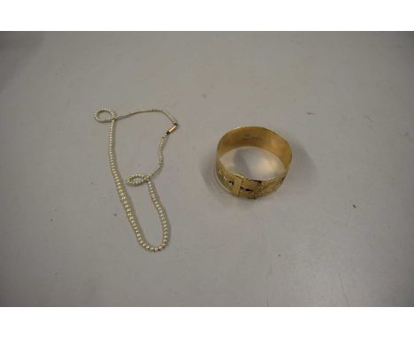 BANGLE STAMPED 'SILVER AND 9CT', TOGETHER WITH A SMALL PEARL NECKLACE