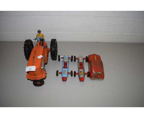 PAIR OF TRI-ANG MODEL CARS, A LOUIS MARX MODEL TRACTOR AND A FURTHER FIRE CHIEF CAR