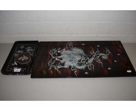 MODERN CHINESE MOTHER OF PEARL INLAID AND LACQUERED WALL PLAQUE, TOGETHER WITH A DRESSING TABLE TRAY AND BOX (3)